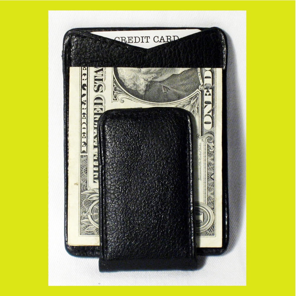 Mens Genuine Leather Silver Money Clip Slim Wallets Black ID Credit Card Holder