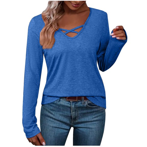 Lenpel Long Sleeve Shirts for Women Soft Comfy V Neck Crossover Fall Trendy Blouses Loose Casual Tunic Tops