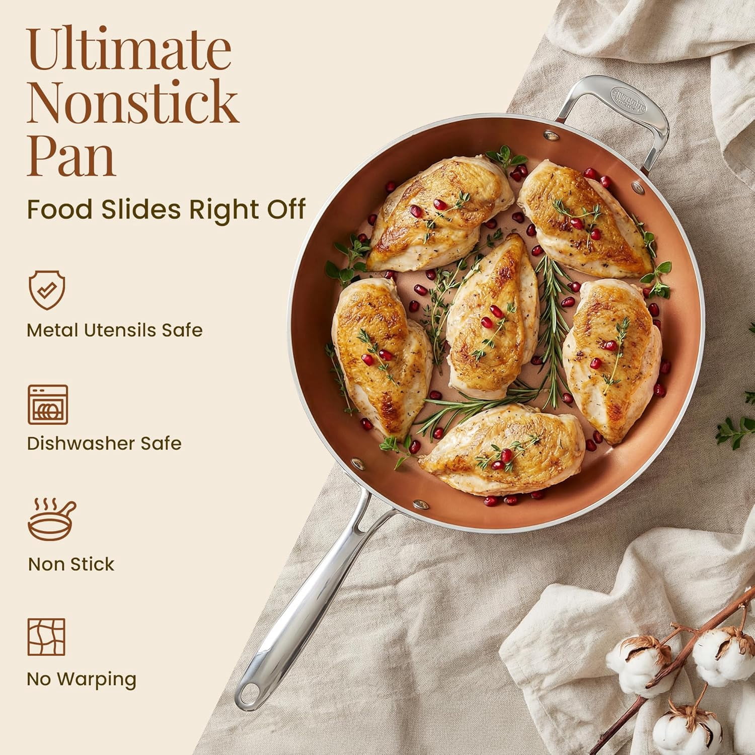 Hammered Copper 14 Inch Non Stick Frying Pan with Lid, Ceramic Coating Induction Safe Oven Dishwasher