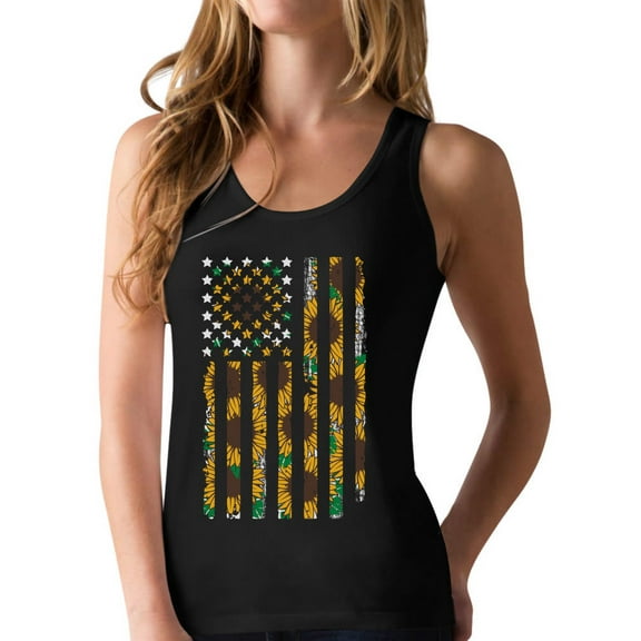 American Flag Sunflower Tstars Women's Racerback Tank Top - Patriotic 4th of July Summer Top - Ideal Independence Day Gift for Sunflower Lovers - Women's Summer Apparel - XX-Large Black