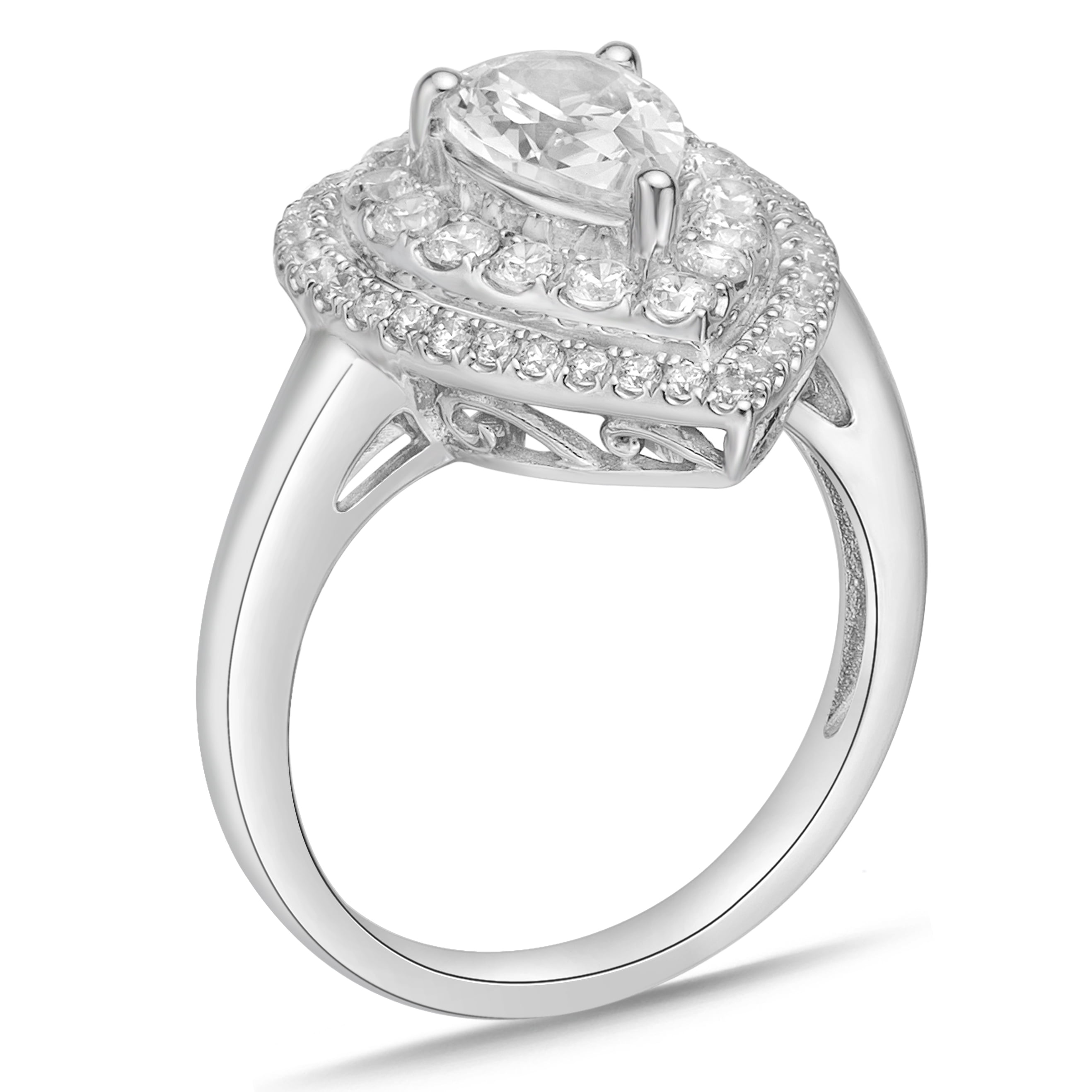 Sterling Silver Pear Shape with Double Halo Simulated Diamond Cocktail Ring