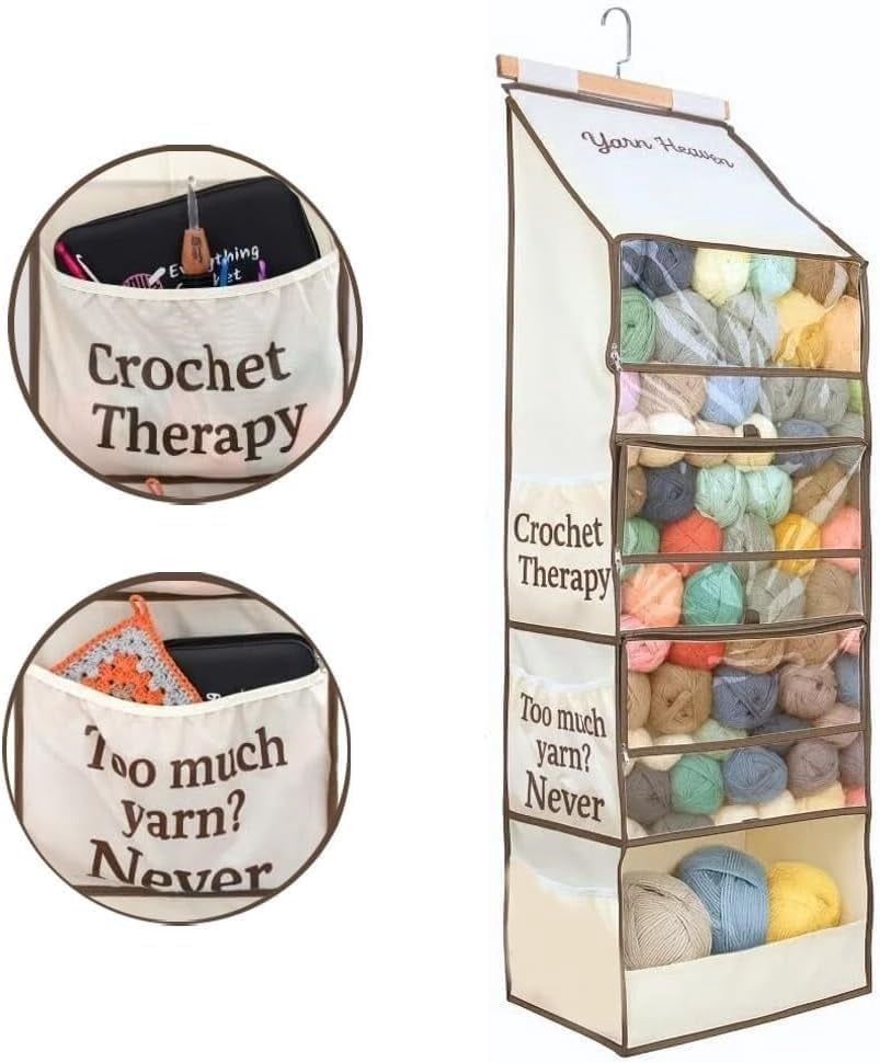Storage Bag – Large Capacity Hanging Storage Organizer with 4 Clear Zipper Closure Compartments Pockets & 3 Side Crochet/Knitting Needles Pockets Tool Crochet Bag for Crafters