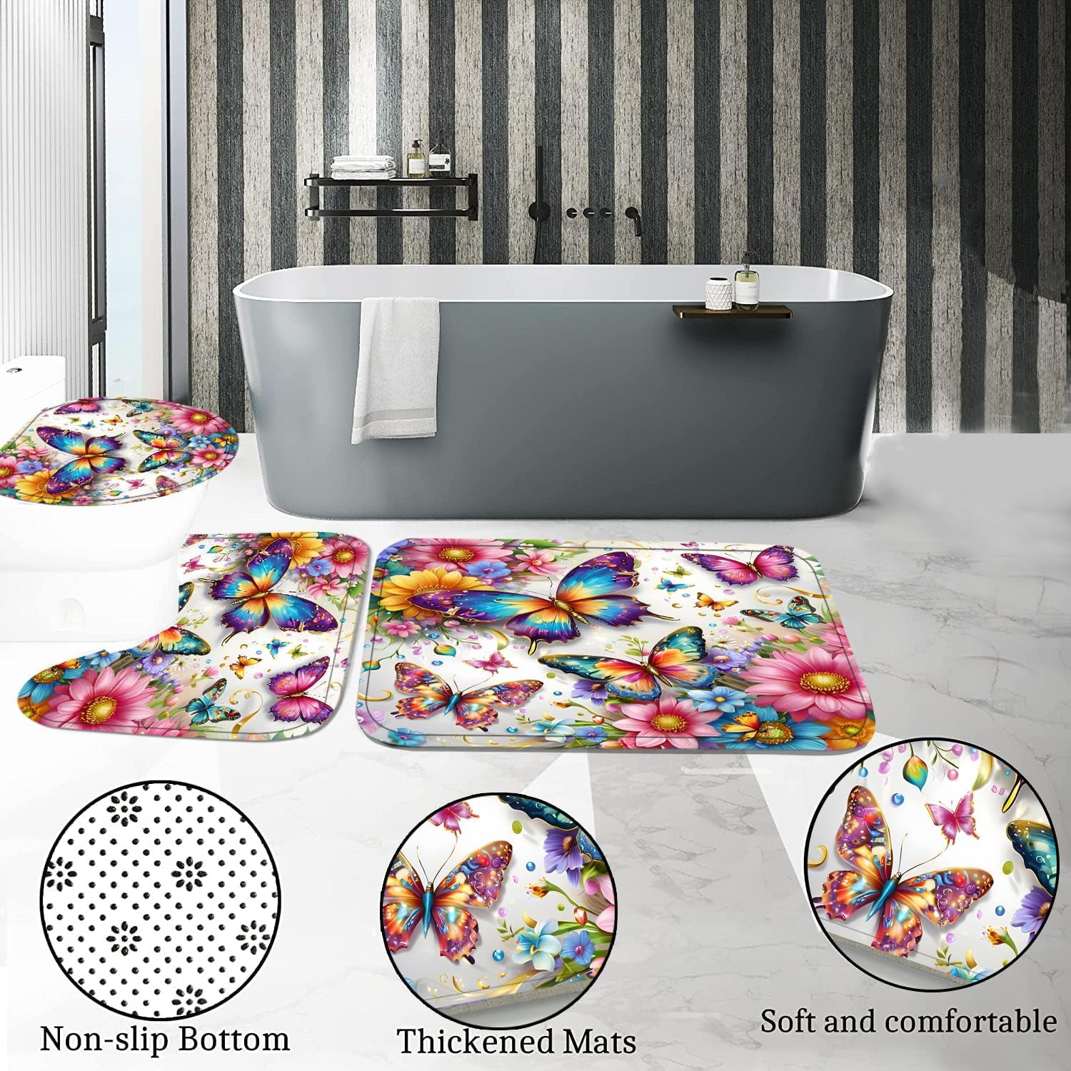 4Pcs Spring Themed Shower Curtain Set with Rugs Vintage Butterflies Bathroom Sets Floral Shower Curtain with 12 Hooks Bathroom Decor with Rugs Bath Accessories with Mats Toilet Lid Cover