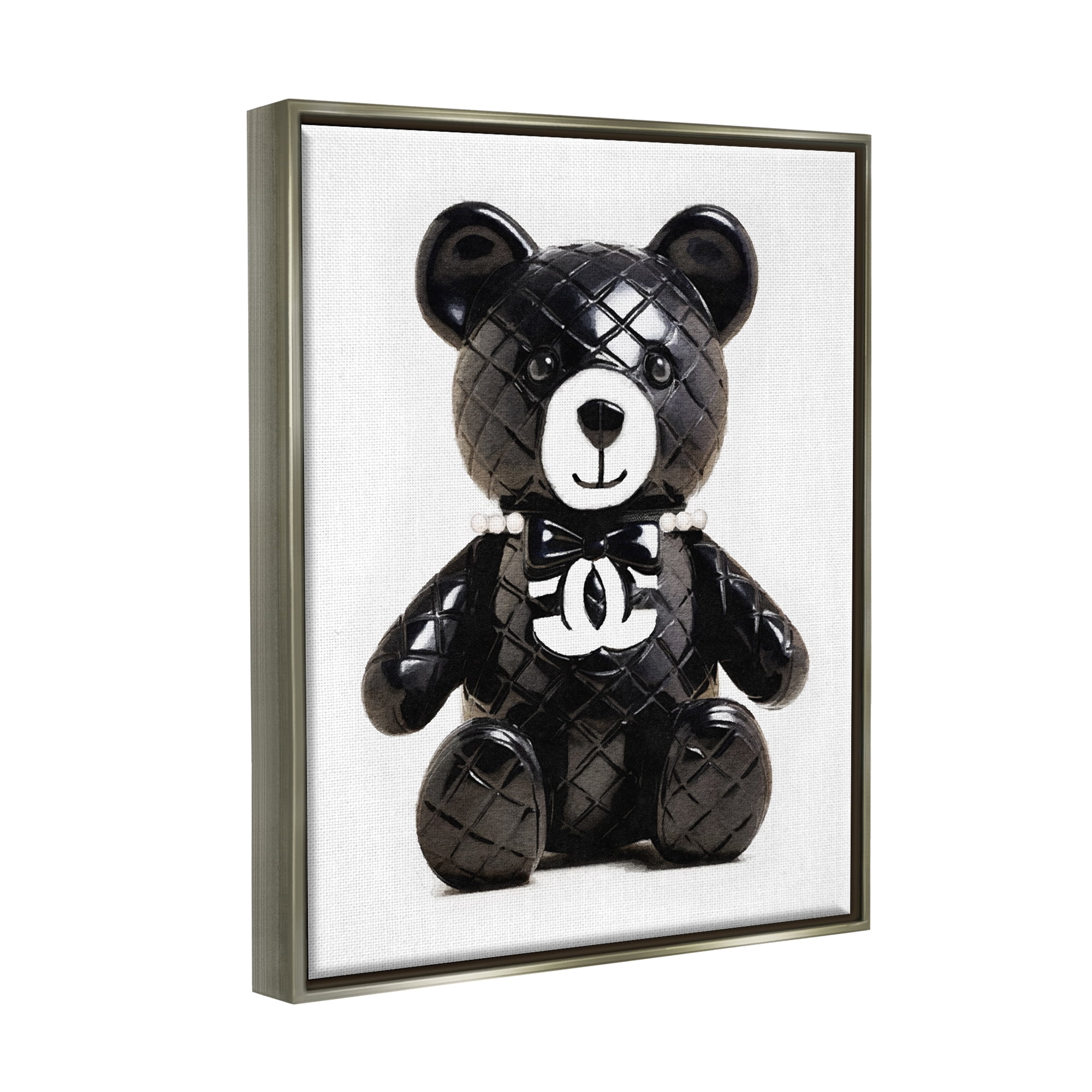 Stupell Industries Black Glam Teddy Bear Beauty & Fashion Painting Gray Floater Framed Canvas Art Print Wall Art, 17 x 21