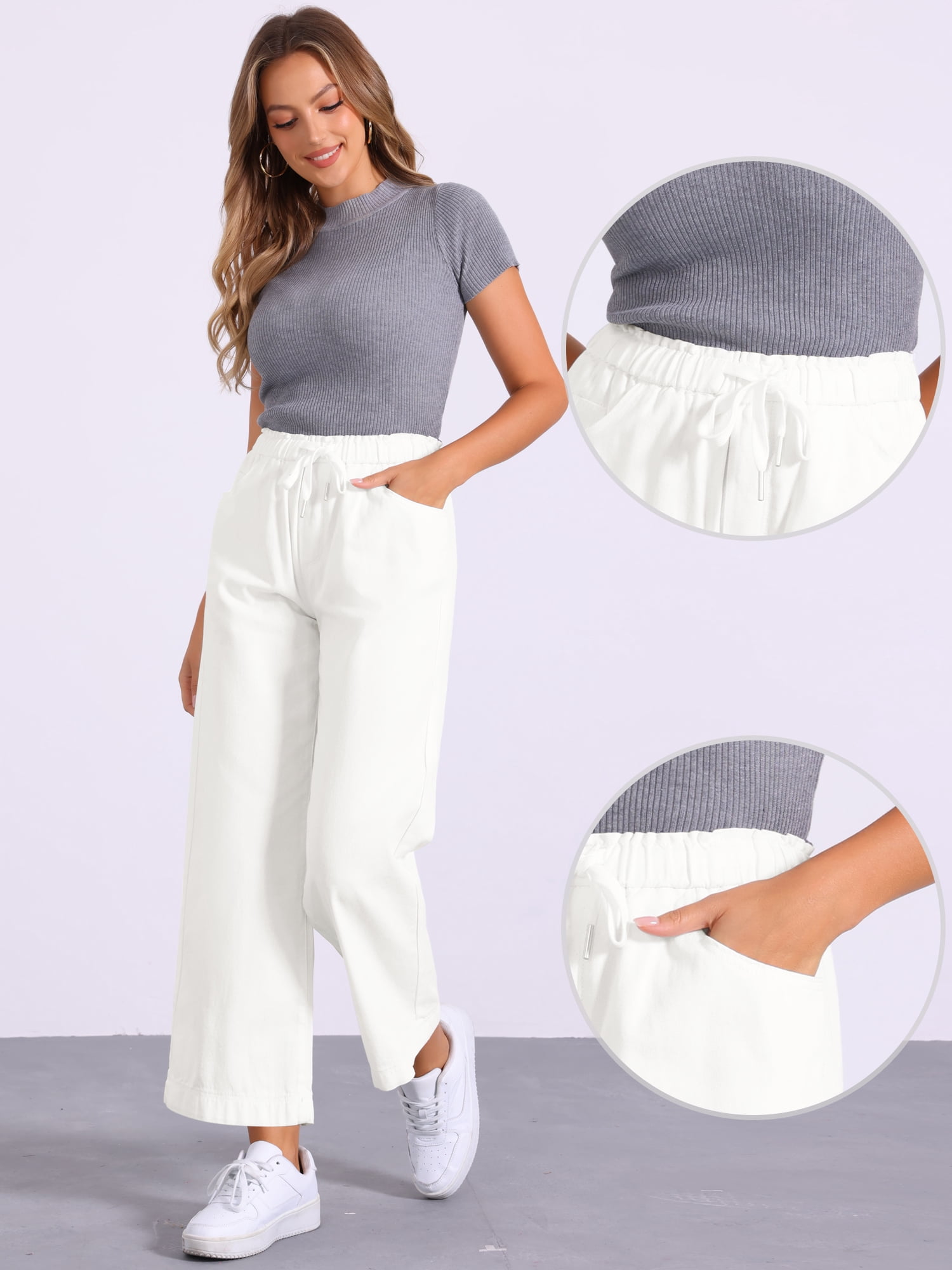 DARING DIVA Women's Trendy Elastic Waist Wide Legs Drawstring Jeans S White