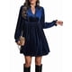 thumbnail image 3 of Vestido Elegante Retro Corto Holgado con Escote en V y Larga de Terciopelo de Color Liso para Mujer, Ropa de Moda para Otoño e Invierno. Azul Marino L, 3 of 9