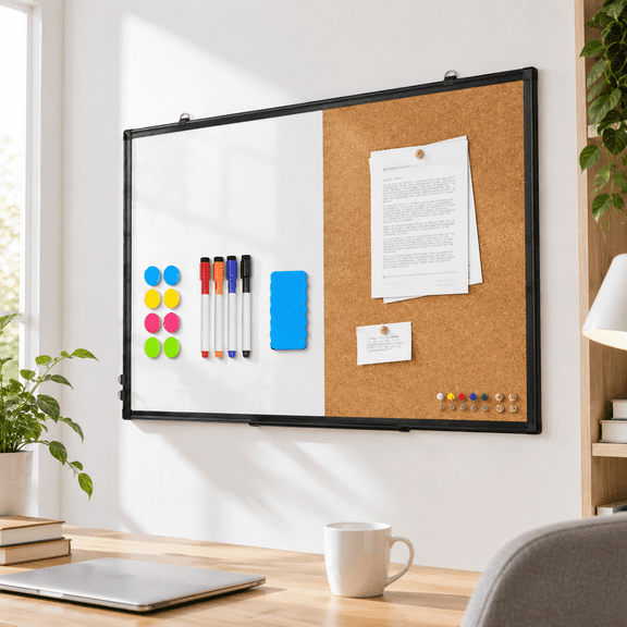 Black 24"W x 18"H Double-Sided Magnetic Whiteboard and Corkboard Combo