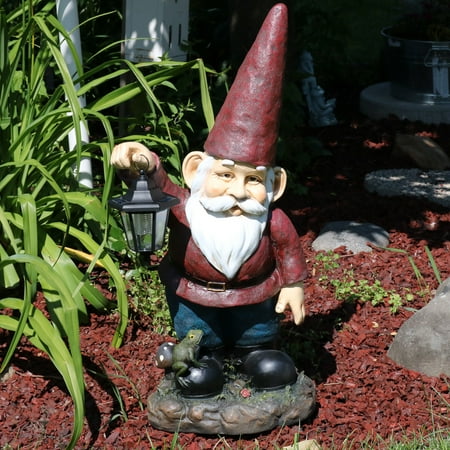 Gnome Statue Figurine - Sunnydaze Garden Gnome Sammy the Solar Lantern Lawn Statue, Large Outdoor Yard Figurine, 29 Inch Tall