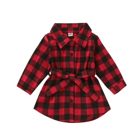 

Nokiwiqis Girls Bowknot Belt Dress Long Sleeve Plaid Dress Shirt Fall Dress