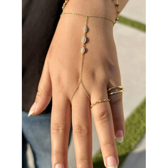 2Ct Round Lab Created Diamond Hand Finger Chain Bracelet 14K Yellow Gold Plated Sterling Silver