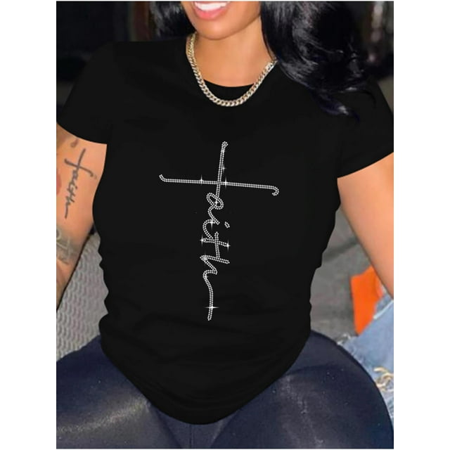 Camiseta de cuello redondo con letras de fe y diamantes de imitación para mujer, camisetas de manga corta, camisetas informales