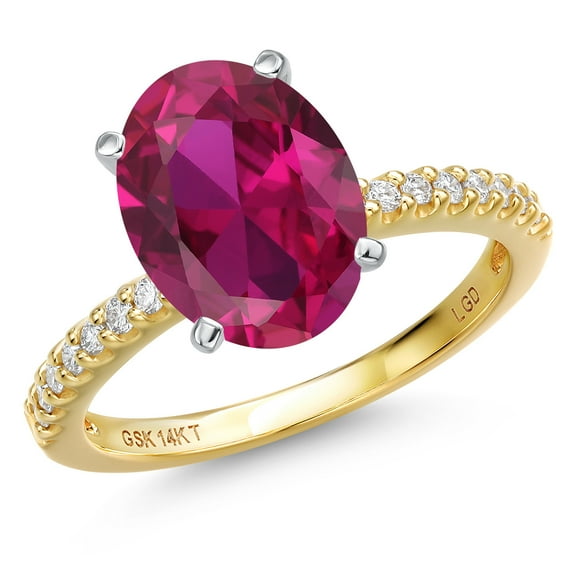 Gem Stone King 14K Two Tone Gold Red Created Ruby and Lab Grown Diamond Engagement Ring for Women | 4.16 Cttw | Oval 11X9MM | Gemstone July Birthstone | Size 5