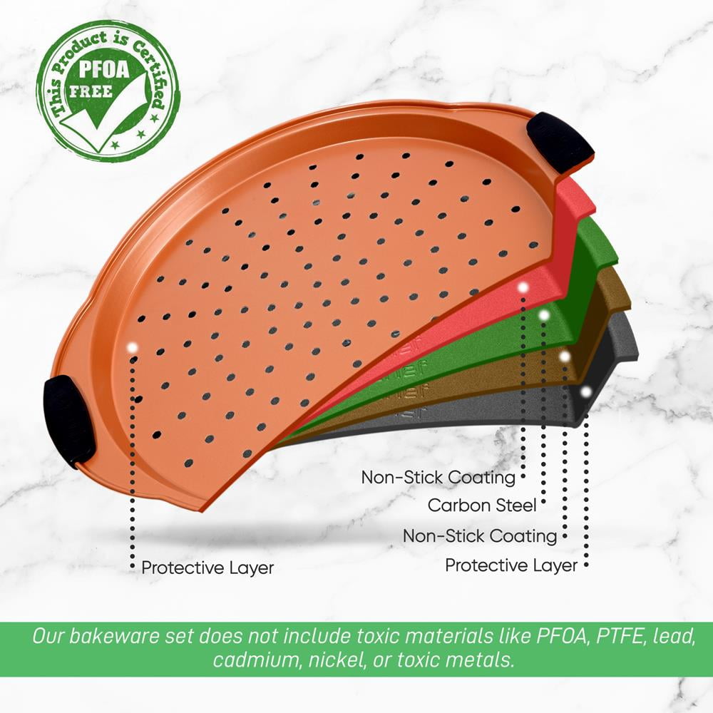 NutriChef Non-Stick Pizza Tray - with Silicone Handle, Round Steel Non-stick Pan with Perforated Holes, Premium Bakeware, Pizza Tray with Silicone and Oversized Handle, Dishwasher Safe - NCBPIZ4