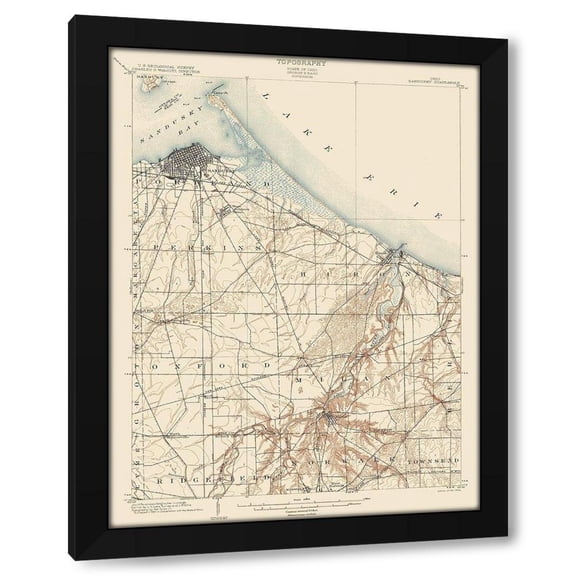 USGS 12x14 Black Modern Wood Framed Wall Art Titled - Sandusky Ohio Quad - USGS 1904