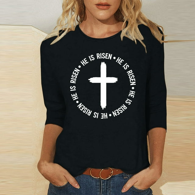 EGNMCR Easter T-Shirts à Imprimé pour Femmes T-Shirts Graphiques Femmes Chemises Mode pour Femmes Easter Jour Fleur Oreilles de Lapin T-shirt à Imprimé Manches 3/4 Blouse Col Rond Hauts Décontractés T-shirt pour Femmes