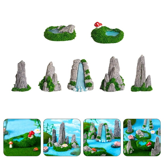 RENACLIPY Resin Waterfall Mountain Set for Garden Bonsai Miniatures Decor, 7 Pieces, Outdoor Indoor Landscape Accessories