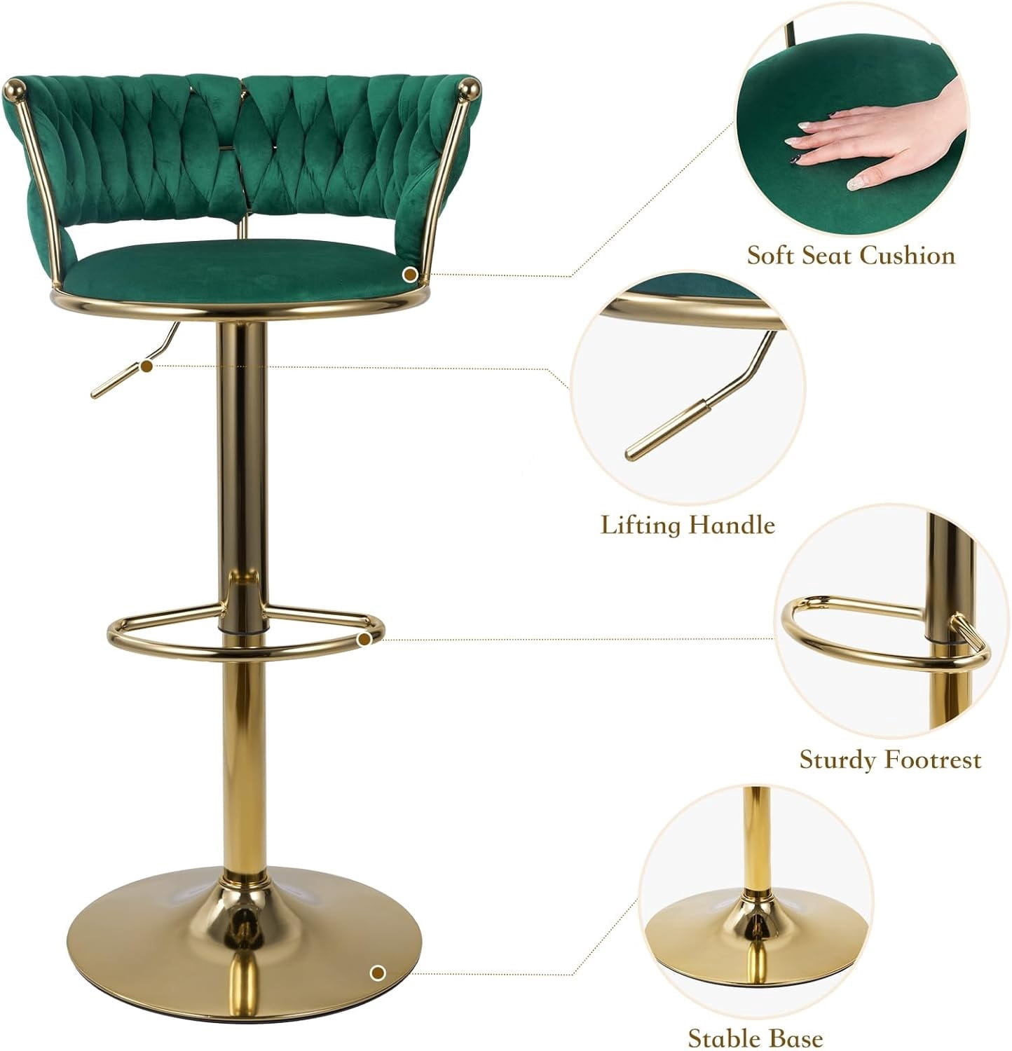 Homefun Swivel Velvet Bar Stools Set of 2, Height Adjustable Counter Height Stools with Low Back, Gold Swivel Bar Chairs for Kitchen Island