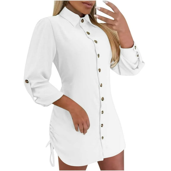 biudgviw Lounge Dresses for Women Loose Collared Buttons down Shirts Dress Fall Baggy Adjustable Long Sleeve Ruched Mini Dress
