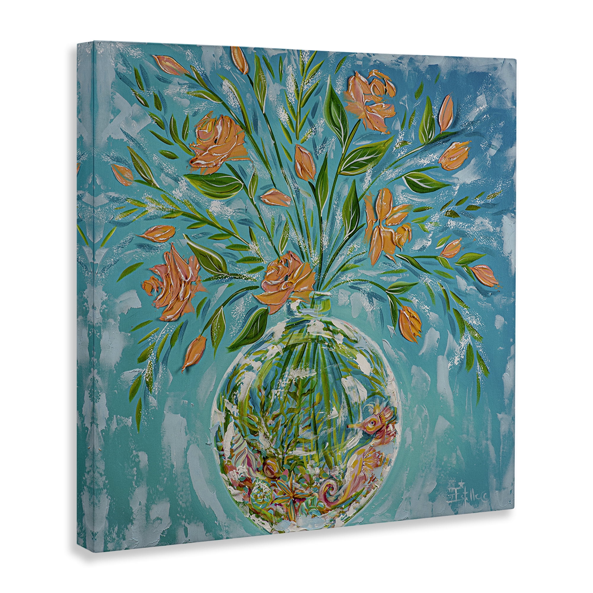 Stupell Industries Seahorse Fish Bowl Bouquet Nautical & Beach Painting Wrapped Canvas Art Print Wall Art, 24 x 24