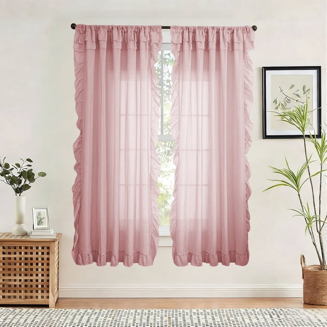 Ohmyroo Sheer Ruffle Trimmed Window Curtains Semi Transparent Drapes For Living Room Bedroom 96 Inch Multicolor