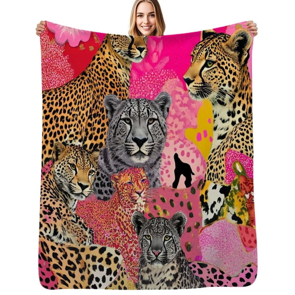Pink cheetah collage vibrant wildcats Flannel Blanket Warm Soft Bedding Throws Winter Camping Chair Sofa Bed
