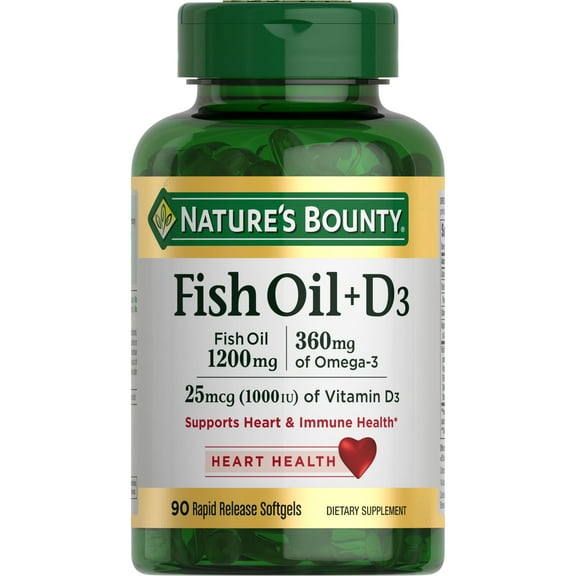Nature's Bounty Omega 3 Fish Oil 1200 mg D3 Softgels for Heart & Immune Health, 90 ct