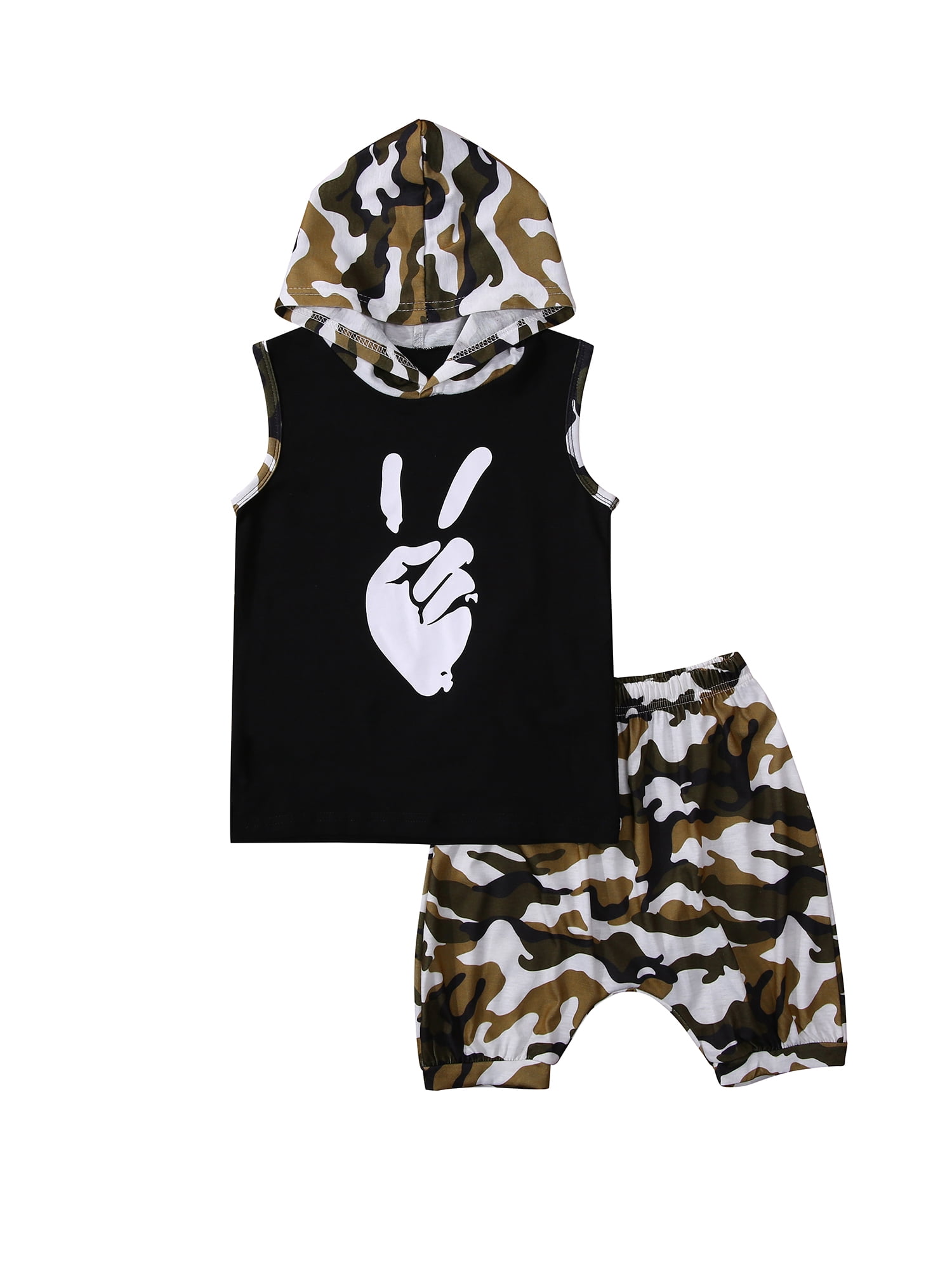 Little Boys Hooded Vest + Shorts Camouflage Pattern Printing Victory