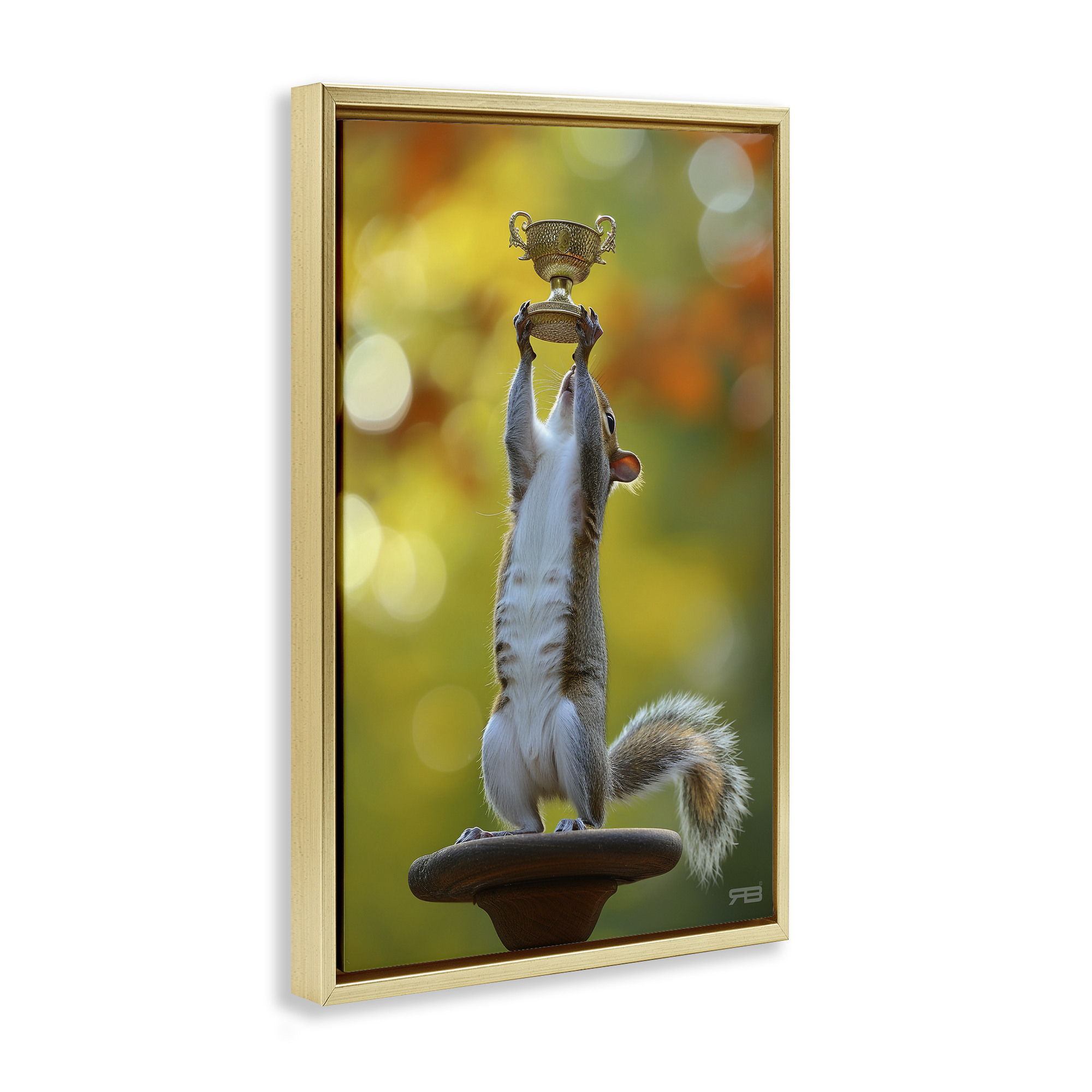Stupell Industries Squirrel Holding Trophy Novelty Painting Gold Floater Framed Art Print Wall Art, 17 x 25