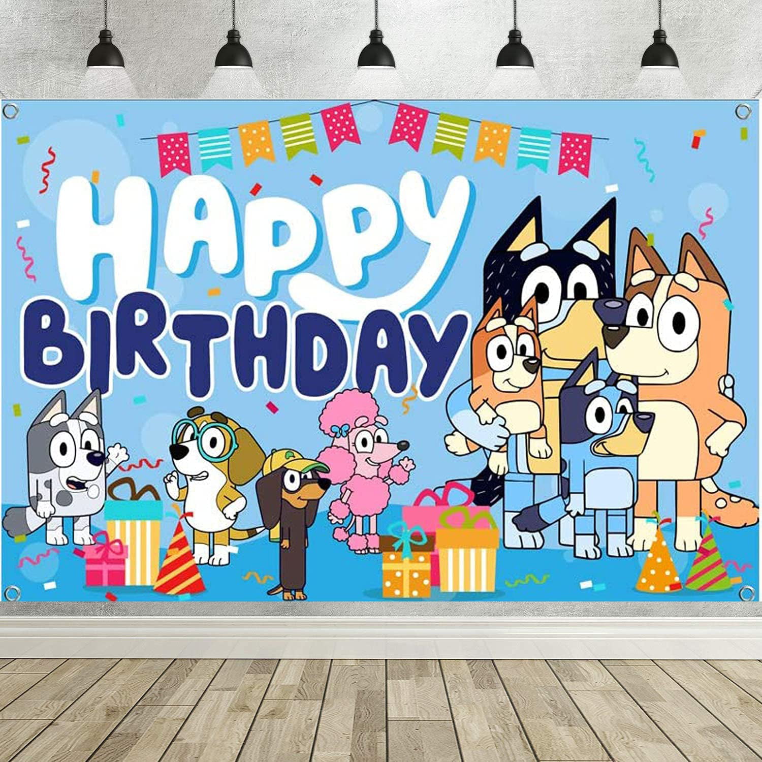 Blue Party Decoration-Cartoon Sheepdog, Happy Birthday Backdrop Banner,  Blue Theme Happy Birthday Backdrop Decoration 