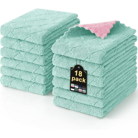 18 Pack Kitchen Towels(10.7" x 6.3", Green&Pink),kitchen wash cloths for dishes,Super Soft and Absorbent Dish Towels,Coral Velvet Microfiber Cleaning Cloth