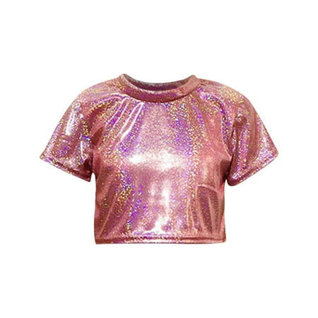 ZACPNCV Kids Girls Boys Shiny Sequins T-Shirts Short Sleeve Dance Crop Tops Hip Hop Dancewear Red 4-5 Years
