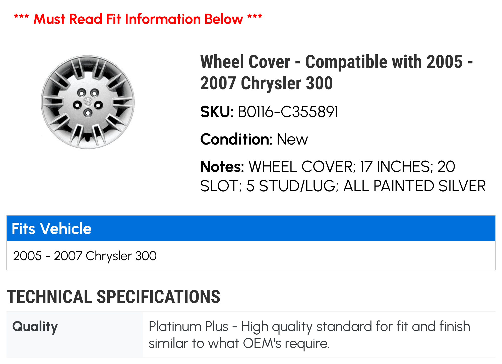 Wheel Cover - Compatible with 2005 - 2007 Chrysler 300 2006