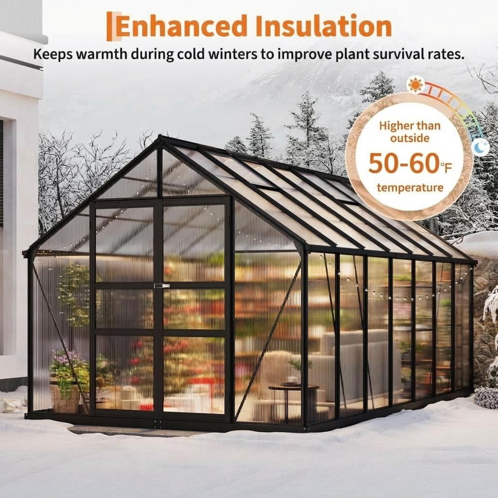 Large Walk-In Polycarbonate Greenhouse, Aluminum Frame, Roof Vent, Wind Resistant, Quick Setup for Backyard