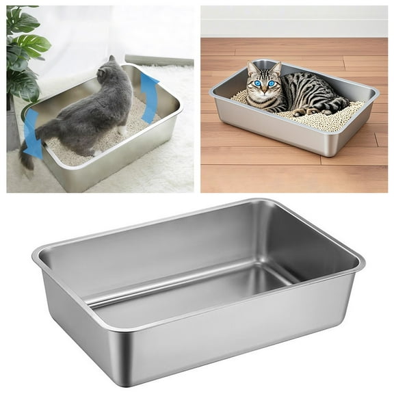 Stainless Steel Cat Litter Box Extra Large High Sided Metal Litter Tray for Big Cats Odorless,Non-Stick Surface,Easy Clean Anti-Leak Durable Design for Kittens Adult Cats(23.62*15.75*5.91Inch)