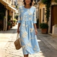 thumbnail image 3 of Ahabrexf Summer Dresses for Women, Floral Embroidered 3/4 Sleeve Round Neck Casual Midi Dress for Beach Vacation Wear, 3 of 7