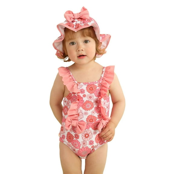 KIMI BEAR Infant Baby Girls Summer One-piece Swimsuits 12-18 Months Ruffle Sleeveless Bathing Suits Bowknots Floral Beach Wear Backless with Hat 2pcs Pink