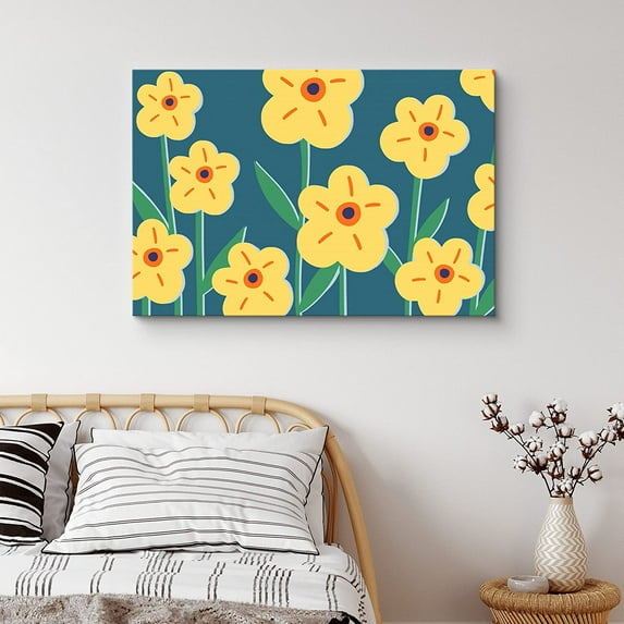 PixonSign Canvas Print Wall Art Yellow & Orange Daisy Flowers Floral Plants Illustrations Modern Art Minimalist Colorful Multicolor Neon for Living Room, Bedroom, Office - 24"x36"