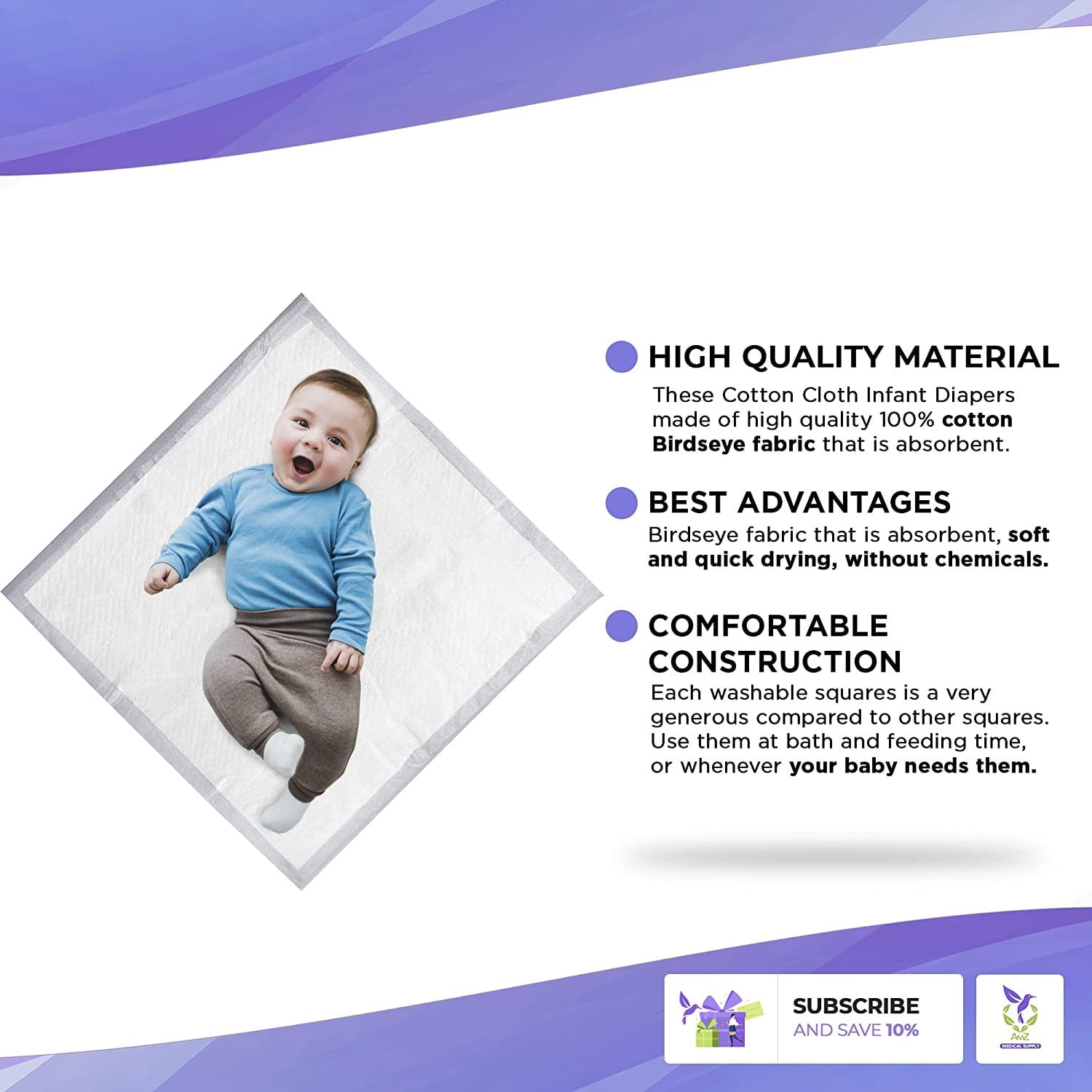 AMZ Supply Single-Ply Cotton Cloth Infant Diapers, White 27" x 27". Washable Absorbent Diaper Covers Pack of 12