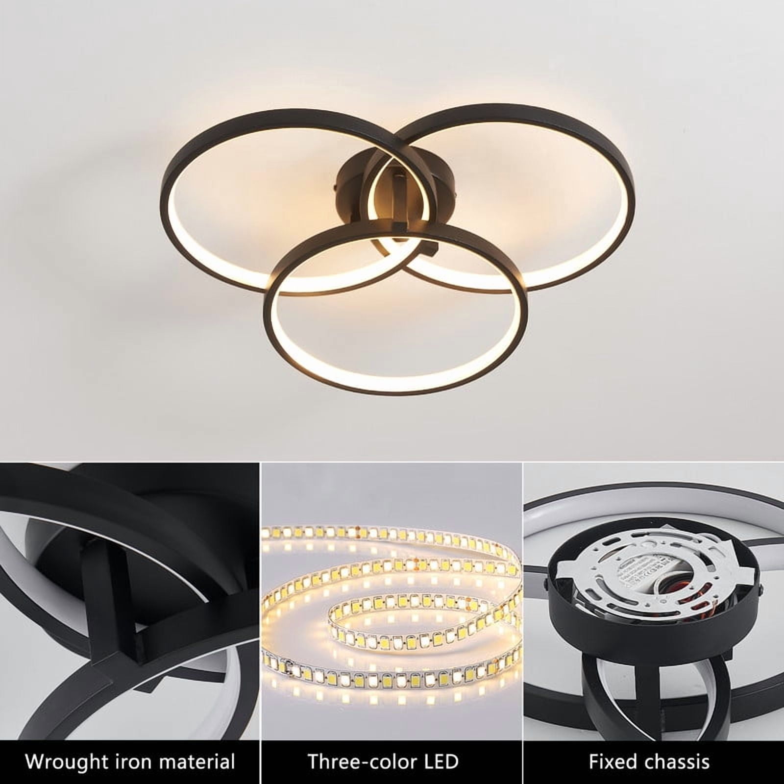 Modern Black LED Chandelier, 20-Inch 3-Ring Pendant Light Fixture, Flush Mount Ceiling Light for Dining Room, Kitchen Island, Bedroom or Living Room, Sleek and Energy-Efficient