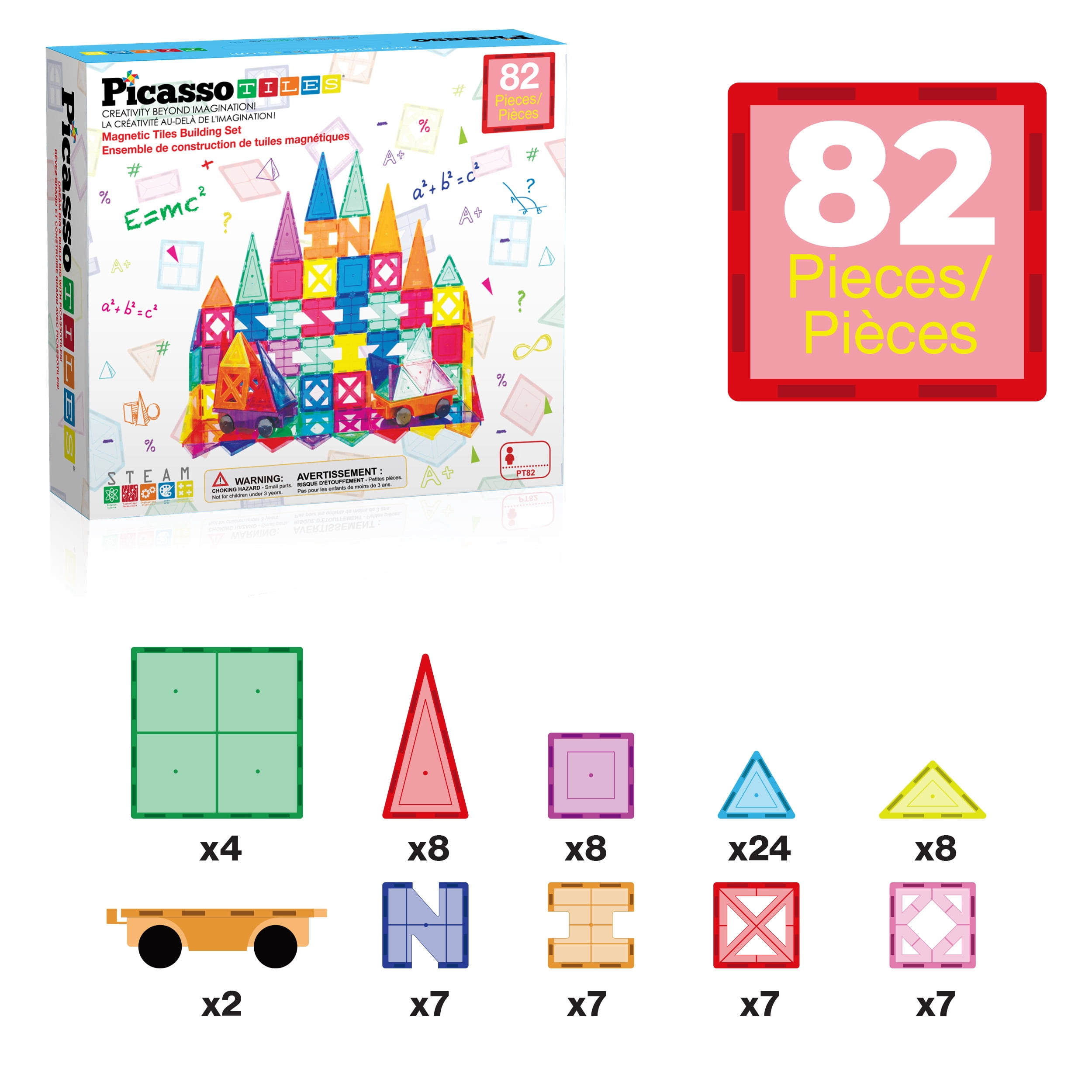 PICASSO-TILES Magnetic Tiles for Kids, 82PCS Construction STEM Building Blocks Educational Toy