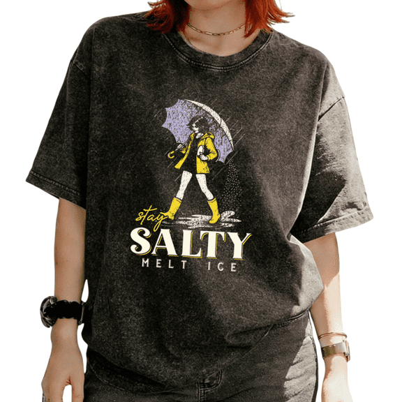 Stay Salty Melt Ice Funny Rainy Day Graphic Tees T-Shirt Tops breathability Short Sleeve Black S-2XL Plus Size
