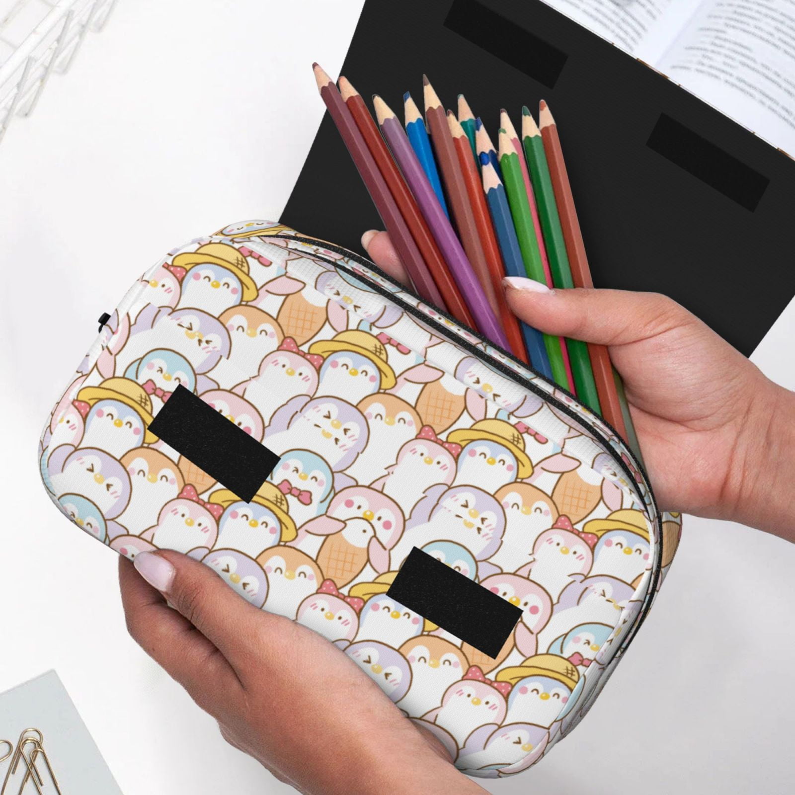 Rateoe Cute Cartoon Penguin Pattern Double Clamshell Pen Case, Storage Organizer with Two Zipper Compartments– Holds Up to 50 Pencils & Pens