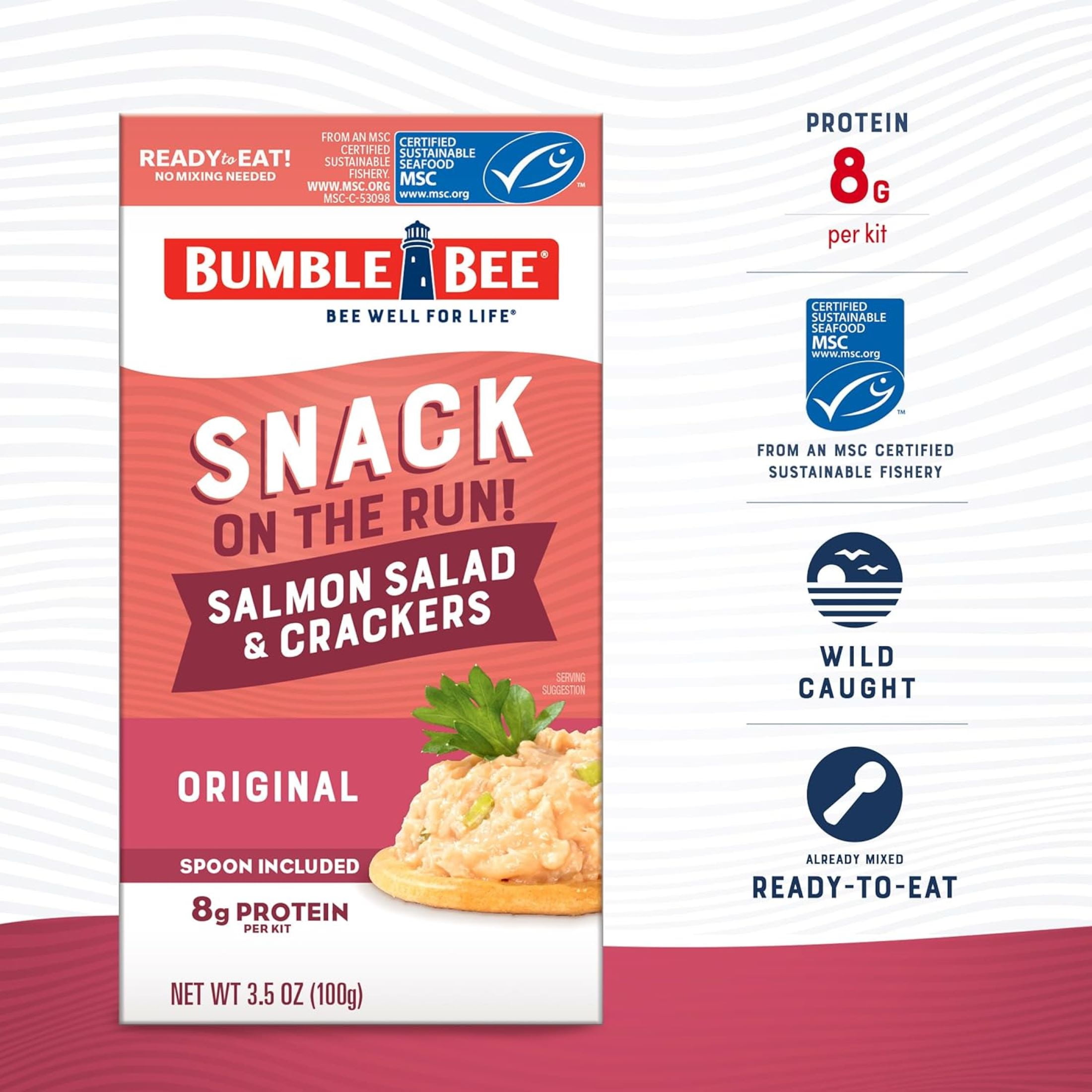 (3 pack) Bumble Bee Snack on The Run Salmon Salad with Crackers Kit, Ready to Eat, 8g Protein per Serving, Shelf Stable Box, 3.5 oz