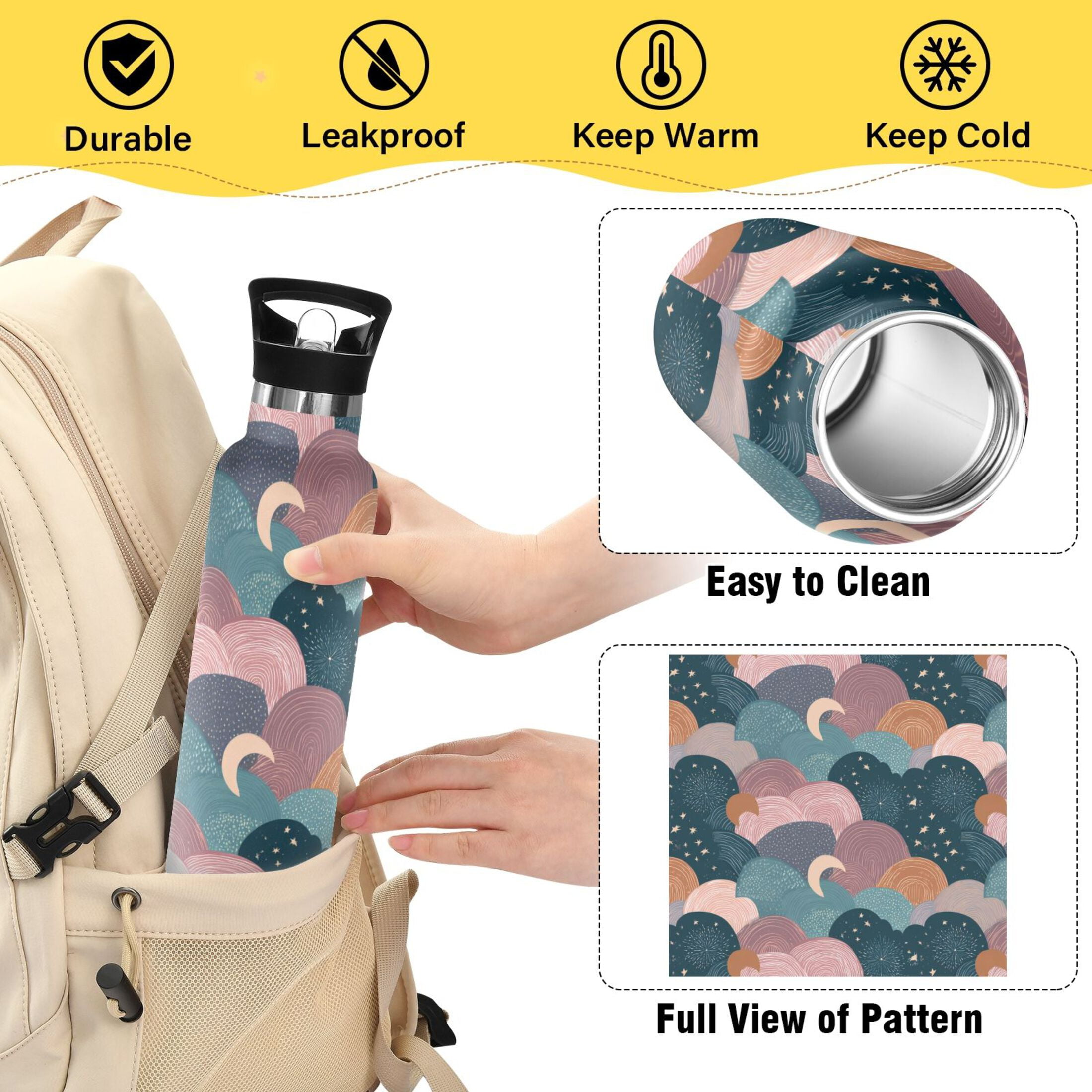 600ML Stainless Steel Insulated Cup Sports Water Bottle Portable Thermos Cup Water Glasses Insulated Tumblers Convenient and Durable Cartoon Beautiful Cloud