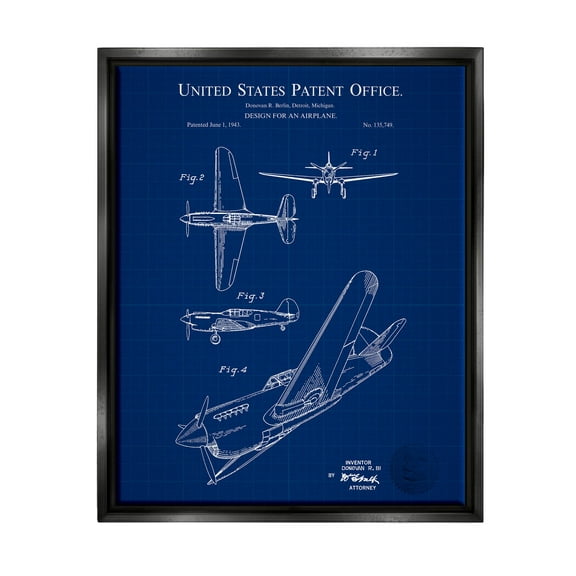 Stupell Industries Vivid Aircraft Blueprint Patent Graphic Art Jet Black Floating Framed Canvas Print Wall Art, Design by Karl Hronek