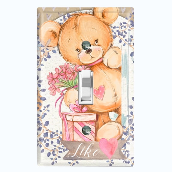 Metal Light Switch Wall Plate Outlet Cover (Teddy Bear Love Heart Flower Bouquet Present Butterfly Wreath - Single Toggle)
