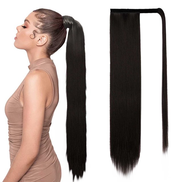 Extension de Queue de Cheval Longue et Droite de 24 Pouces, Postiches de Queue de Cheval à l'Apparence Naturelle, Queue de Cheval Enveloppante, Fibre Résistante à la Chaleur Synthetique, Extension de Queue de Cheval pour Femmes et Filles Noires, Toupet à Enfiler
