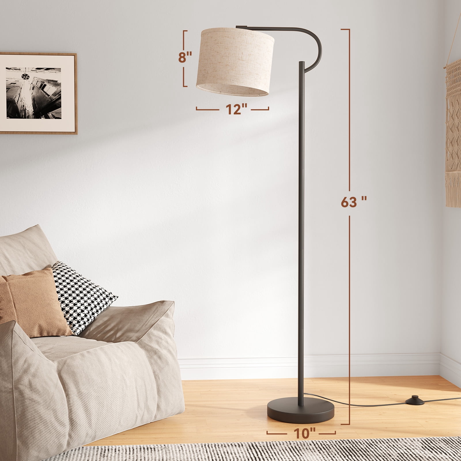 SUNMORY 63" Arc Floor Lamp for Living Room, Dimming Standing Lamp with Linen Shade, Tall lamp with 3 Color Temperature LED, Metal Modern Floor Lamps for Bedroom, Office, Bulb Included, Black