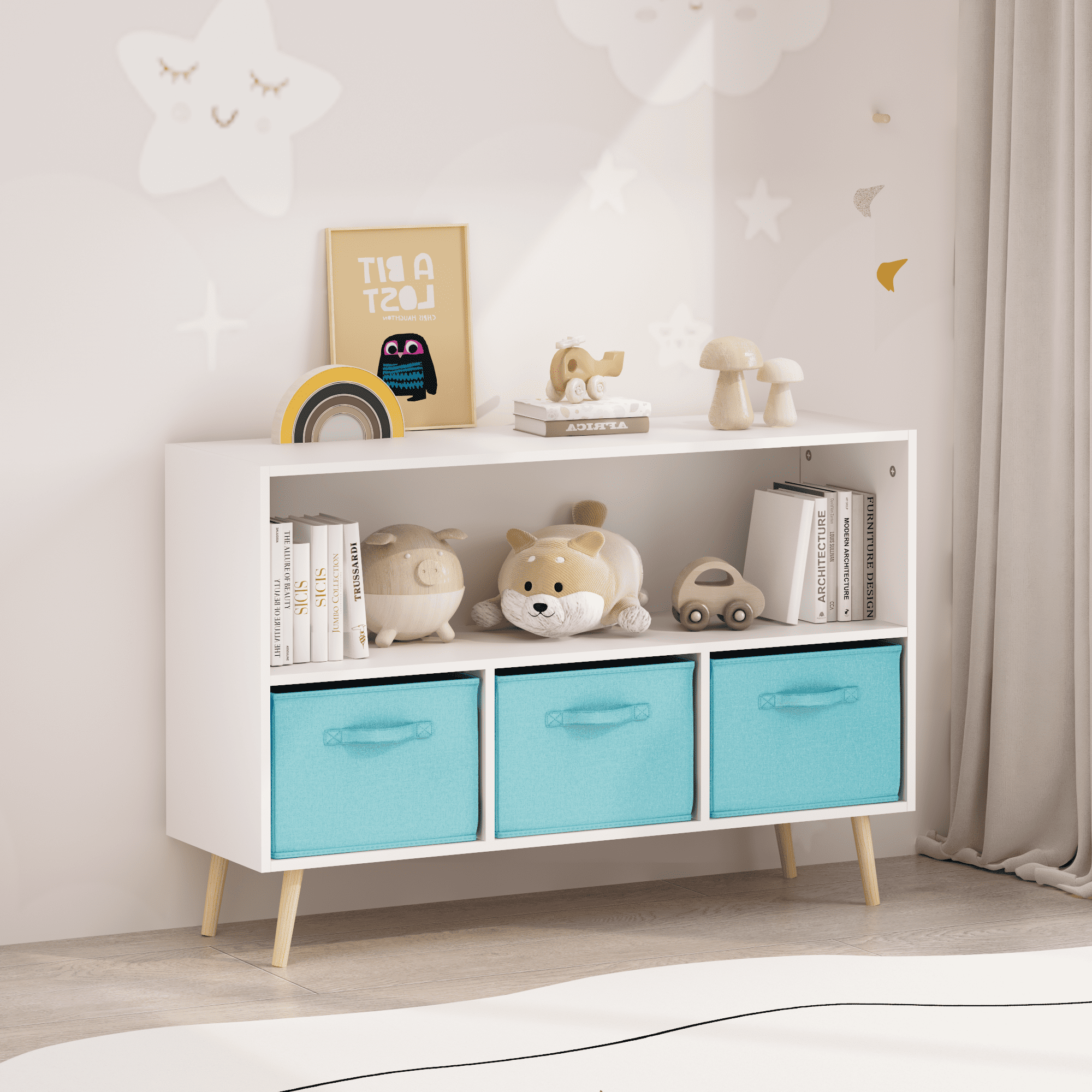 Kids bookcase with Collapsible Fabric Drawers, Children's Book Display, Toy Storage Cabinet Organizer, White/Blue