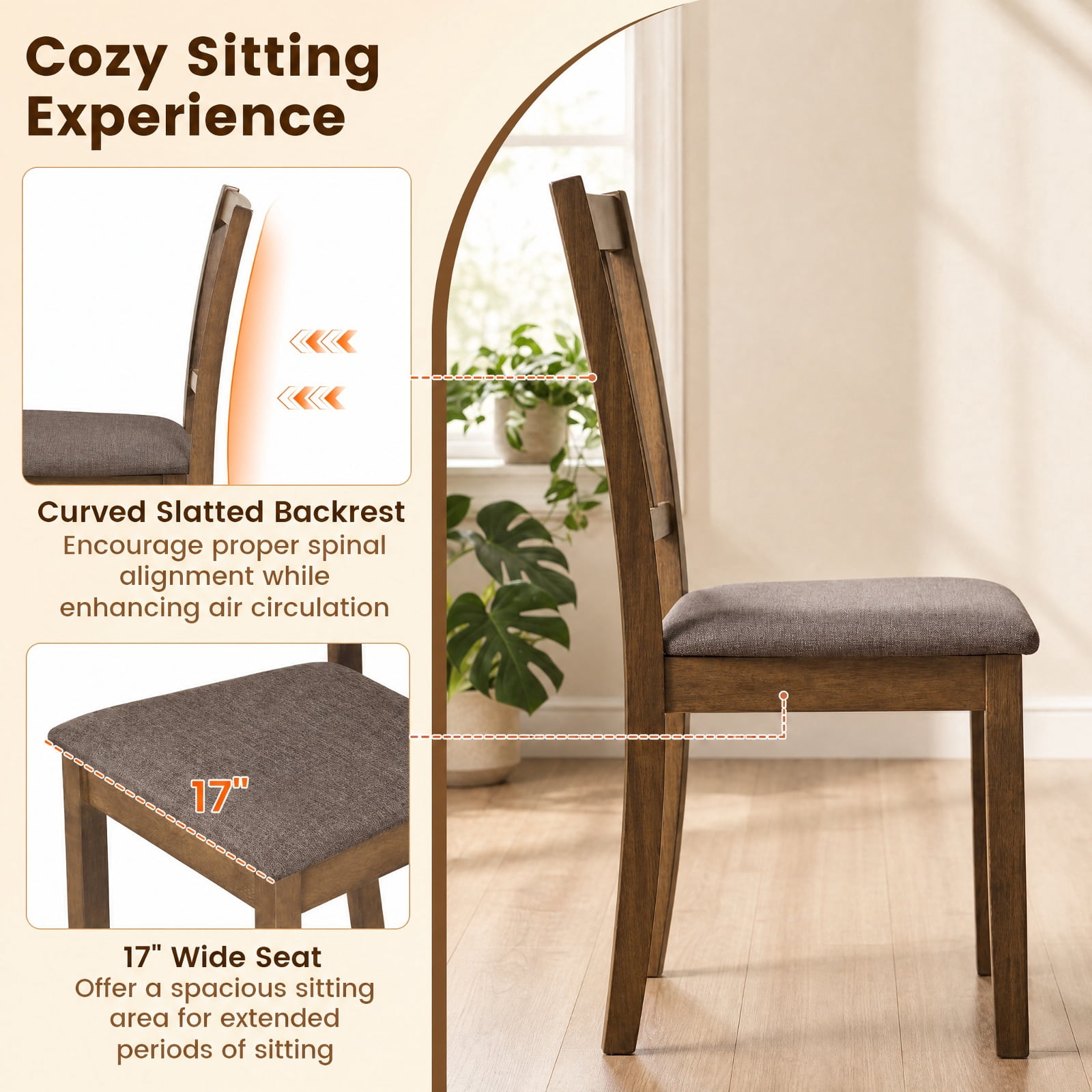 Furnibear Upholstered Wooden Dining Chairs Set of 2 with Padded Fabric Seats and Rubber Wood Frame for Kitchen Dining Room, Brown